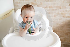 Baby eating vegetables. green cucumber in little girl hand in sunny kitchen. Healthy nutrition for kids. Solid food for infant.