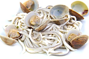 Baby eels or elver substitute with clams in garlic photo