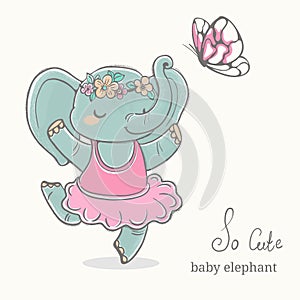 Baby elephant ballerina dancing ,kid illustration, cute animal drawing