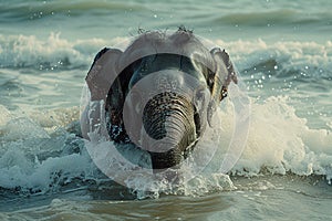 Baby elephant bathing in the river or ocean. Wildlife nature. Young elephant having fun in water