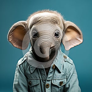 baby elephant on blue background in denim shirt. AI generated