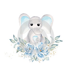 Baby elephant with blue flowers and leafage hand drawn raster illustration photo