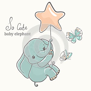 Baby elephant with butterfly flying on baloon, illustration, cute animal drawing