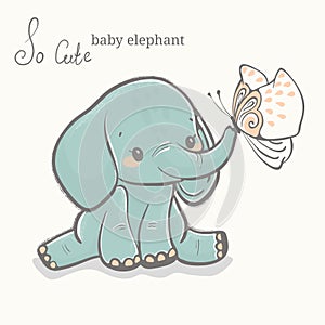 Baby elephant with butterfly illustration, cute animal drawing