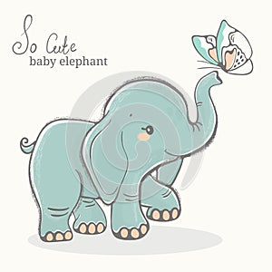 Baby elephant with butterfly illustration, cute animal drawing