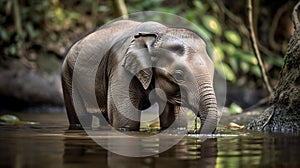 Baby Elephant Drinking from River in Lush Jungle