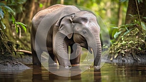 Baby Elephant Drinking from River in Lush Jungle