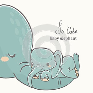 Baby elephant with his mother drawing, cute family illustration