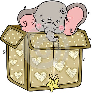 Baby elephant holding a star peeking out of the open gift box