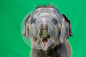 A baby elephant with its trunk up and looking at the camera