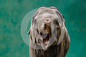 A baby elephant with its trunk up and looking at the camera