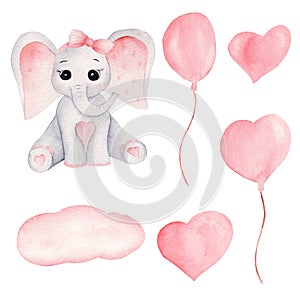Baby elephant and pink balloons hand drawn watercolor illustrations set