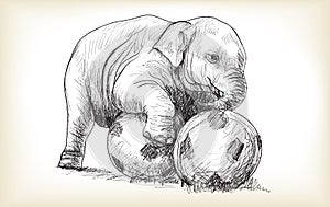 Baby elephant playing football, sketch and free hand draw