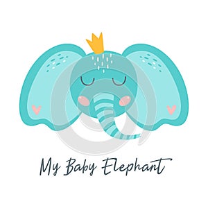 Baby elephant print for kids apparel Cute elephant face with crown. Baby shower element. Nursery art design. Vector