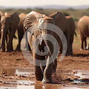 Baby Elephant Splashing in Mud with Herd in Background