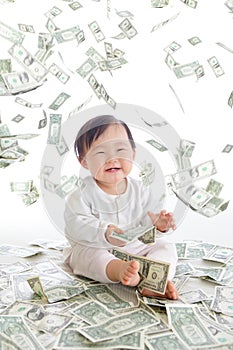 Baby excited smile with money rain
