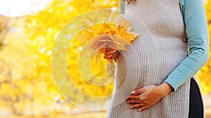 Baby expectation. Pregnant woman outdoors in autumn. Woman having happy pregnancy time