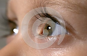 Baby eyes closeup. Baby, kid, sight, concentration, eye health, curiosity concept