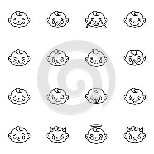 Baby face emoji line icons set
