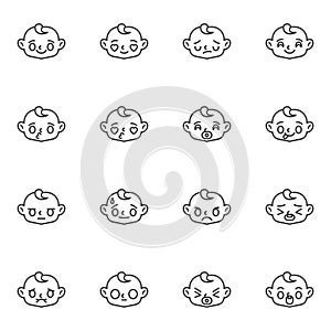 Baby face emoticon line icons set