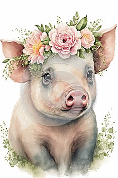 baby face portrait pig, animal flower crown white, Watercolor illustration. eautiful poster for decorative design mammal