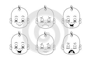 Baby Facial Expression Set isolated icons on white background. Cute boy baby faces showing different emotions. Coloring book pages