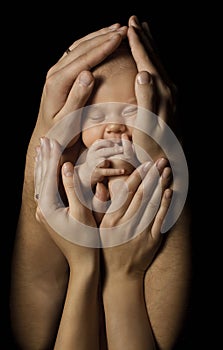 Baby in Family Hands Hold New Born Kid, Sleep Newborn