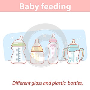 Baby feeding. Set of different bottles for baby feeding in row.