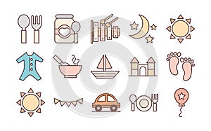 Baby feeding toys and clothes, welcome newborn icons set line and fill design