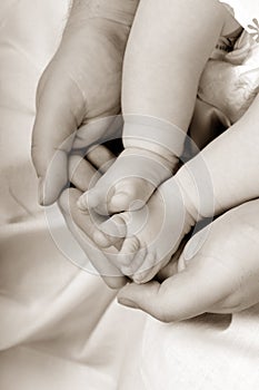 Baby feet in dads hand