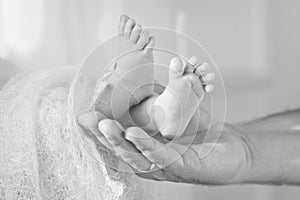 Baby feet in father hands. Tiny Newborn Baby`s feet on male shaped hands closeup. Dad and his Child. Happy Family concept