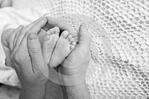Baby feet in father hands. Tiny Newborn Baby`s feet on male shaped hands closeup. Dad and his Child. Happy Family concept