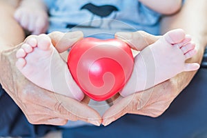 Baby feet in grandparent`s hands in heart shape holding newborn infant giving nursing, parenting care and foot massage