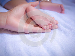 Baby feet in mother hands.