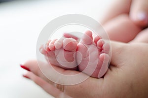 Baby feet in the mother hands. Family love concept. Newborn beauty.