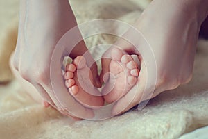 Baby feet in mother hands. Mom and her Child. Happy Family concept. Beautiful conceptual image of Maternity