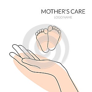 Baby feet in mother hands. Mother's care for newborn. Happy family concept