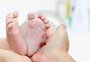 Baby Feet in Mother Hands. New Born Kid Foot