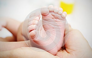 Baby Feet in Mother Hands. New Born Kid Foot