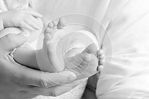 Baby feet in mother hands. Tiny newborn baby`s feet on female hands closeup. Mom and her child. Happy Family concept. Beautiful