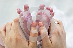 Baby feet in mother hands. Tiny Newborn Baby`s feet on female Heart Shaped hands closeup.