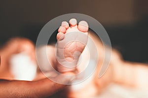 Baby feet in mother hands. Tiny Newborn Baby`s feet on female Shaped hands closeup. Mom and her Child. Happy Family