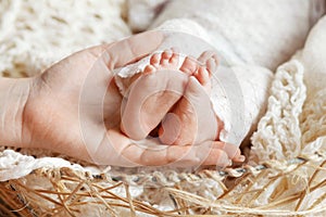 Baby feet in mother hands. Tiny Newborn Baby`s feet on female Shaped hands closeup. Mom and her Child. Happy Family concept.