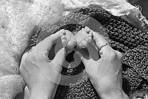 Baby feet in mother hands. Tiny Newborn Baby`s feet on female Shaped hands closeup. Mom and her Child. Happy Family concept.