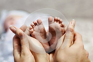 Baby feet in mother hands, tiny newborn baby`s feet on female shaped hands closeup, mom and her child, happy family concept, beau