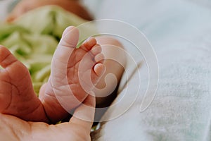 Baby feet in mother`s hand.