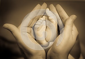 Baby feet in mother's hands