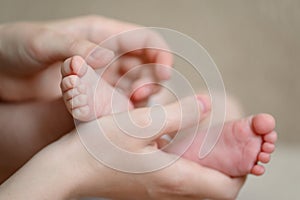 Baby feet in mother's hands. A mother's love for her child. Maternity leave, maternity, care. Children's Day