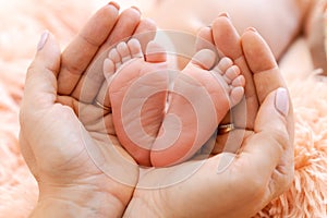 Baby feet in mother's hands. Tiny feet newborn baby on a female hand shape