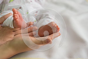 Baby feet on mothers hands